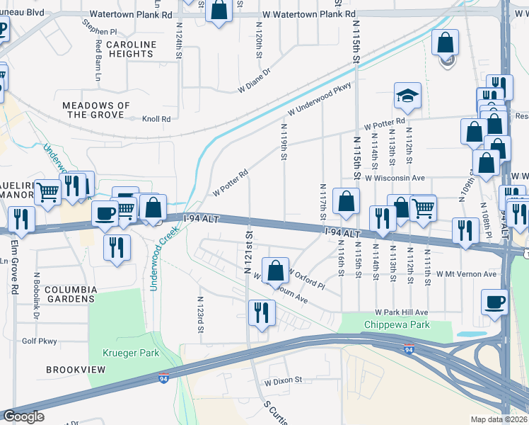 map of restaurants, bars, coffee shops, grocery stores, and more near 12000 U.S. 18 in Wauwatosa