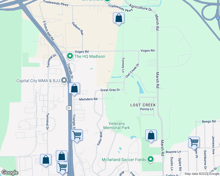 map of restaurants, bars, coffee shops, grocery stores, and more near 5130 Great Gray Drive in Madison
