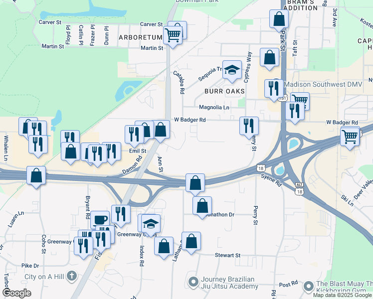 map of restaurants, bars, coffee shops, grocery stores, and more near 1129 Petra Place in Madison