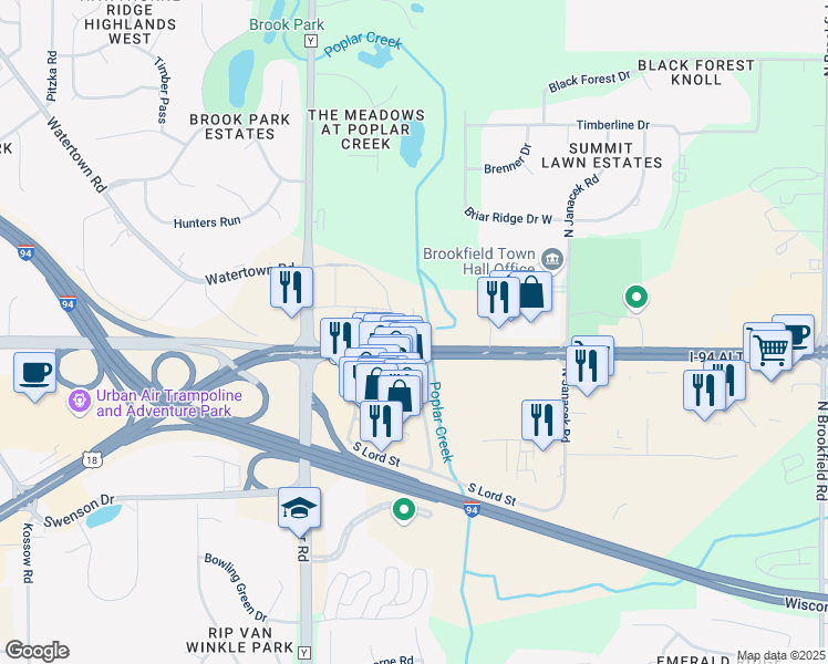 map of restaurants, bars, coffee shops, grocery stores, and more near 20100 West Bluemound Road in Brookfield