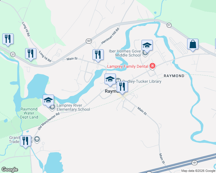map of restaurants, bars, coffee shops, grocery stores, and more near in Raymond
