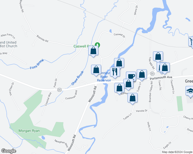 map of restaurants, bars, coffee shops, grocery stores, and more near 1 Bayside Road in Greenland