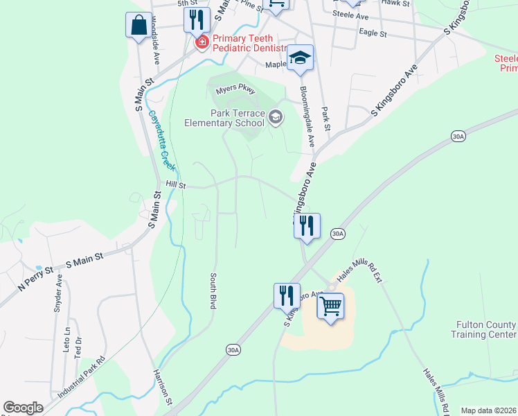 map of restaurants, bars, coffee shops, grocery stores, and more near 23 Hilltop Avenue in Gloversville