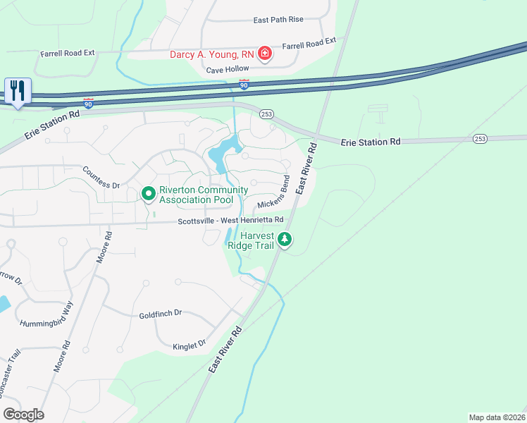 map of restaurants, bars, coffee shops, grocery stores, and more near 22 Mickens Bend in West Henrietta