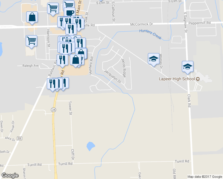 map of restaurants, bars, coffee shops, grocery stores, and more near 126 Hunters Rill in Lapeer