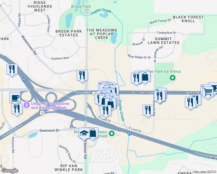 map of restaurants, bars, coffee shops, grocery stores, and more near 20120 West Bluemound Road in Brookfield