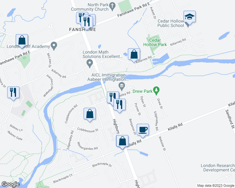 map of restaurants, bars, coffee shops, grocery stores, and more near 177 Edgevalley Road in London