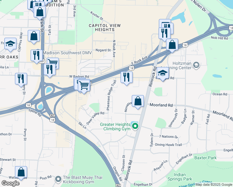 map of restaurants, bars, coffee shops, grocery stores, and more near 2511 Pheasant Ridge Trail in Madison