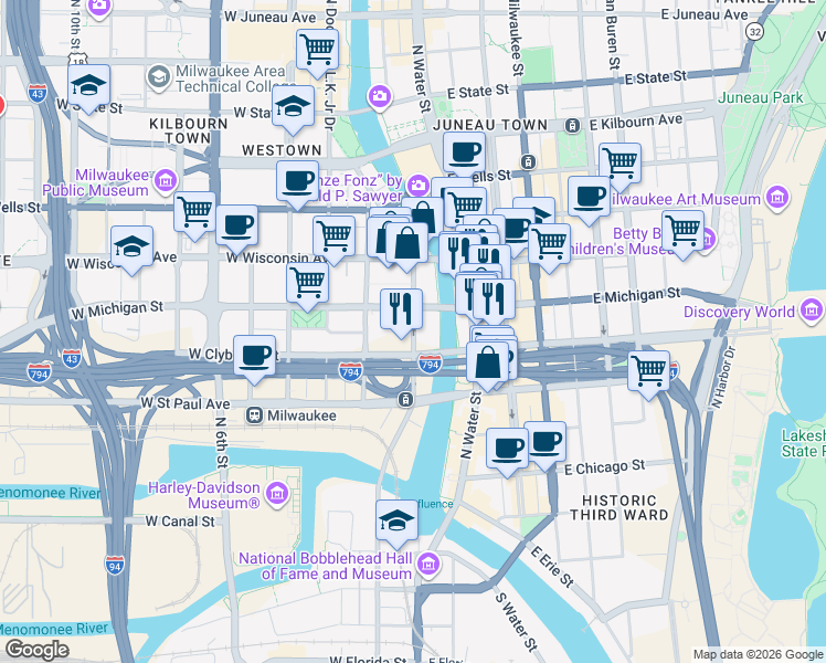 map of restaurants, bars, coffee shops, grocery stores, and more near North Plankinton Avenue in Milwaukee