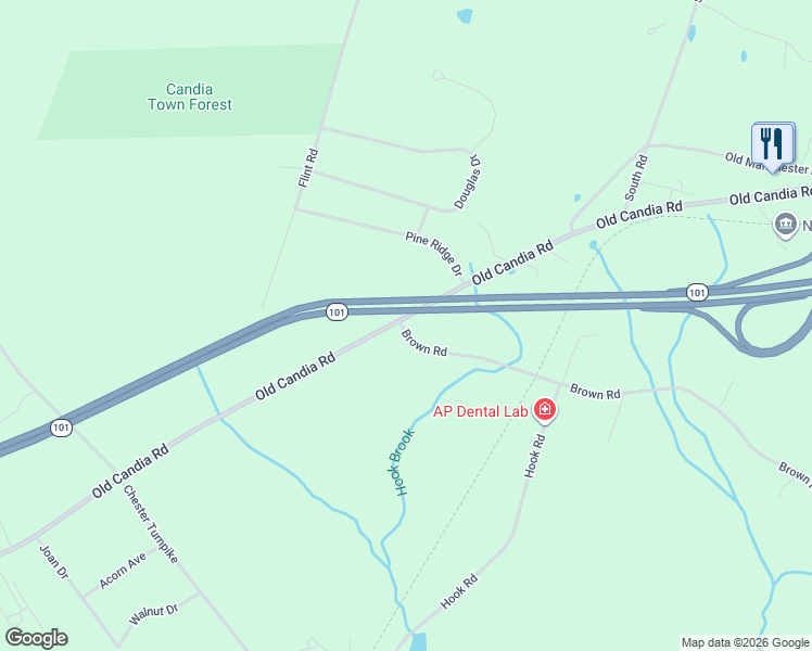 map of restaurants, bars, coffee shops, grocery stores, and more near 4 Brown Road in Candia