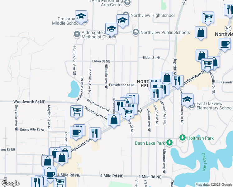 map of restaurants, bars, coffee shops, grocery stores, and more near 4040 Costa Avenue Northeast in Grand Rapids