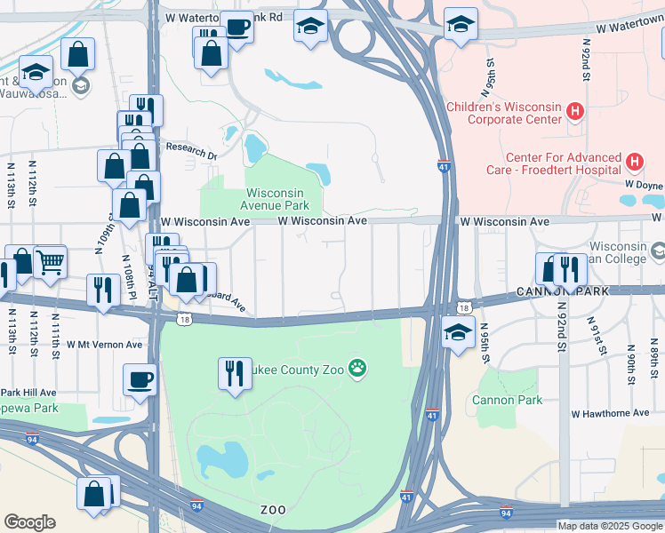 map of restaurants, bars, coffee shops, grocery stores, and more near 10101 West Wisconsin Avenue in Wauwatosa