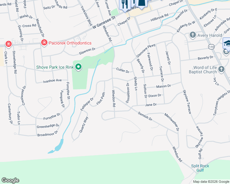 map of restaurants, bars, coffee shops, grocery stores, and more near 505 Whedon Road in Syracuse