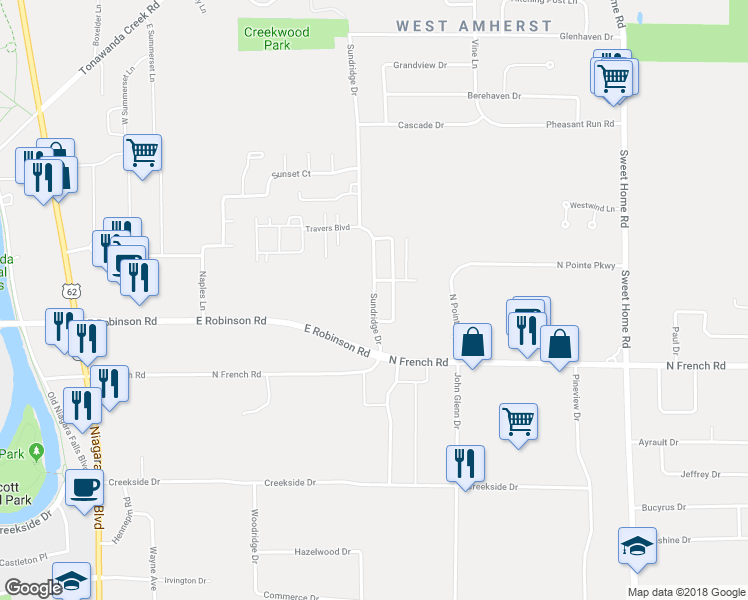 map of restaurants, bars, coffee shops, grocery stores, and more near 80 Sundridge Drive in Buffalo