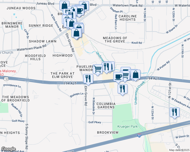 map of restaurants, bars, coffee shops, grocery stores, and more near 13040 West Blue Mound Road in Elm Grove