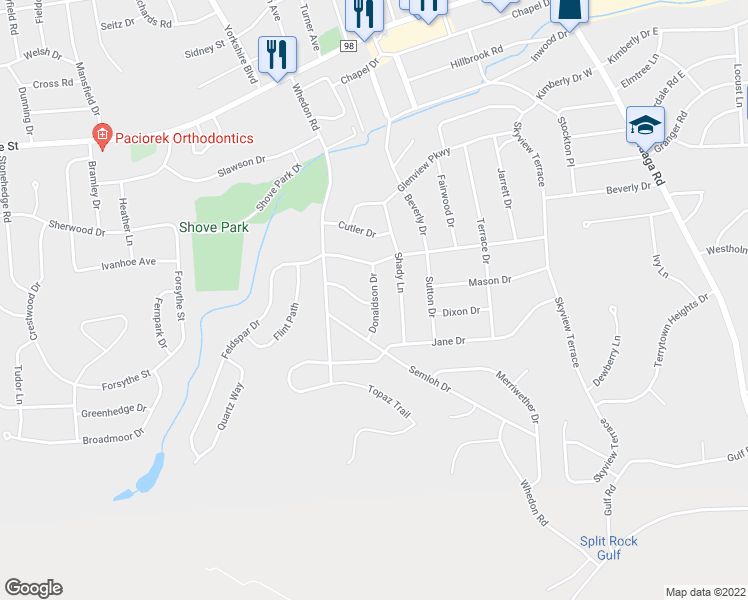 map of restaurants, bars, coffee shops, grocery stores, and more near 108 Donaldson Drive in Syracuse