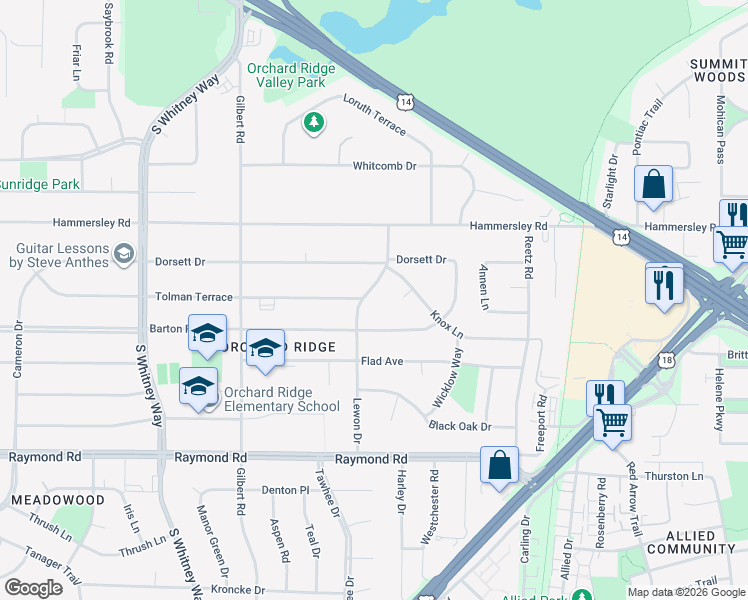 map of restaurants, bars, coffee shops, grocery stores, and more near 1413 Lewon Drive in Madison