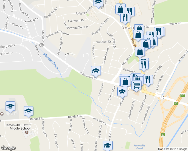 map of restaurants, bars, coffee shops, grocery stores, and more near 4197 East Genesee Street in Syracuse