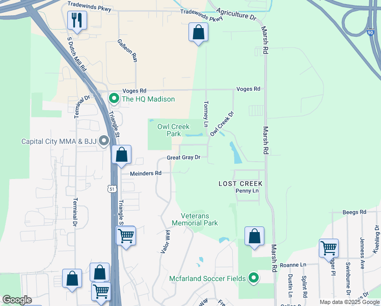 map of restaurants, bars, coffee shops, grocery stores, and more near 5130 Great Gray Drive in Madison
