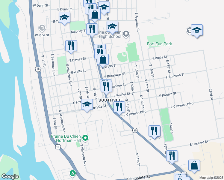 map of restaurants, bars, coffee shops, grocery stores, and more near 1215 10th Street in Prairie du Chien