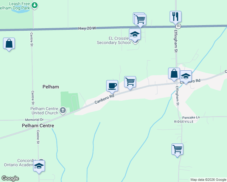map of restaurants, bars, coffee shops, grocery stores, and more near 393 Canboro Road in Pelham