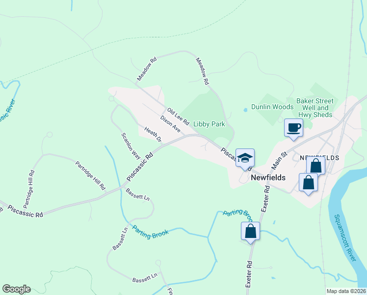 map of restaurants, bars, coffee shops, grocery stores, and more near 47 Piscassic Road in Newfields