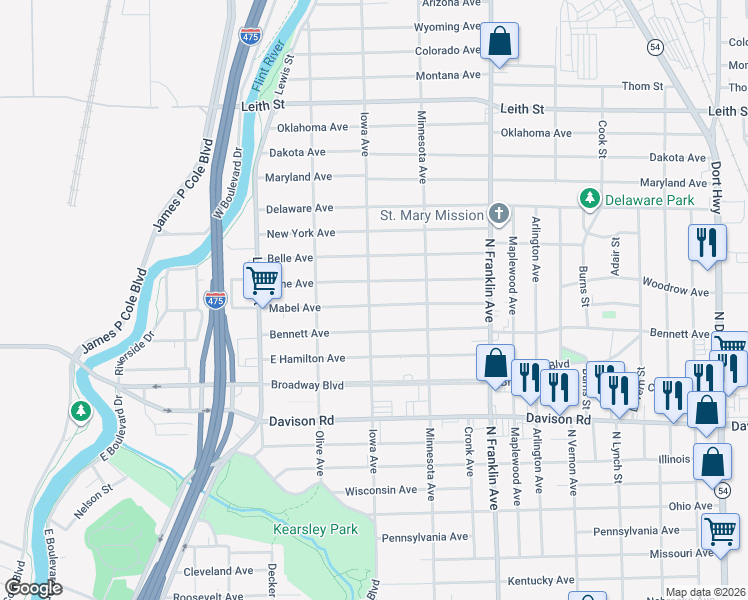 map of restaurants, bars, coffee shops, grocery stores, and more near 1610 Mabel Avenue in Flint