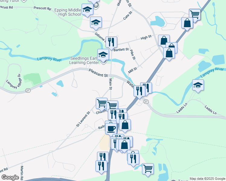 map of restaurants, bars, coffee shops, grocery stores, and more near 105 Main Street in Epping