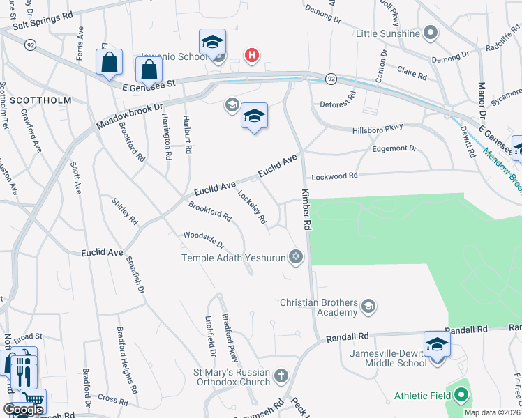 map of restaurants, bars, coffee shops, grocery stores, and more near 216 Locksley Road in Syracuse