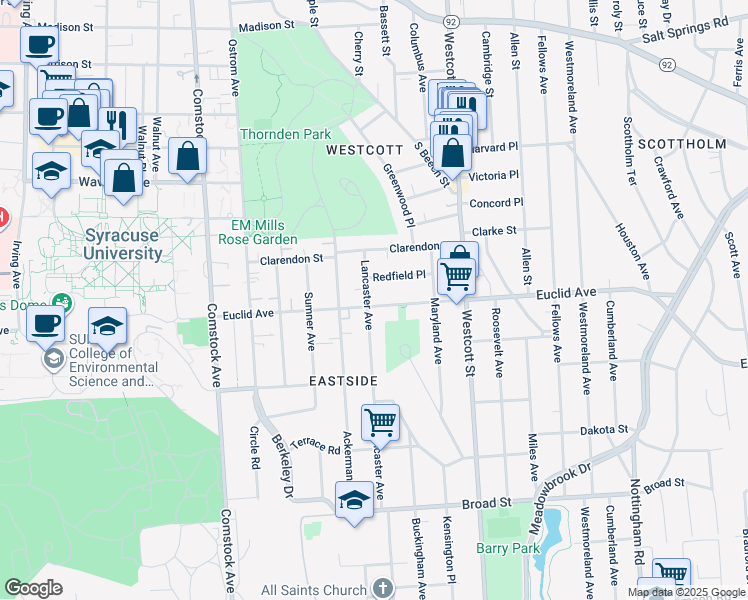 map of restaurants, bars, coffee shops, grocery stores, and more near 622 Euclid Avenue in Syracuse