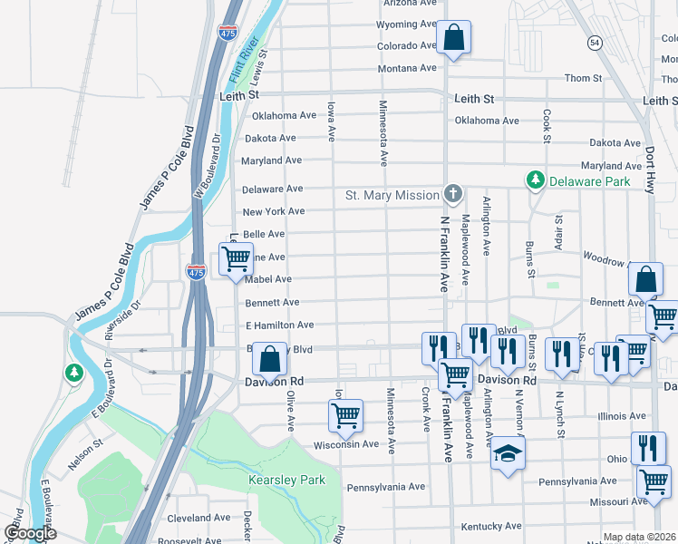 map of restaurants, bars, coffee shops, grocery stores, and more near 1610 Mabel Avenue in Flint