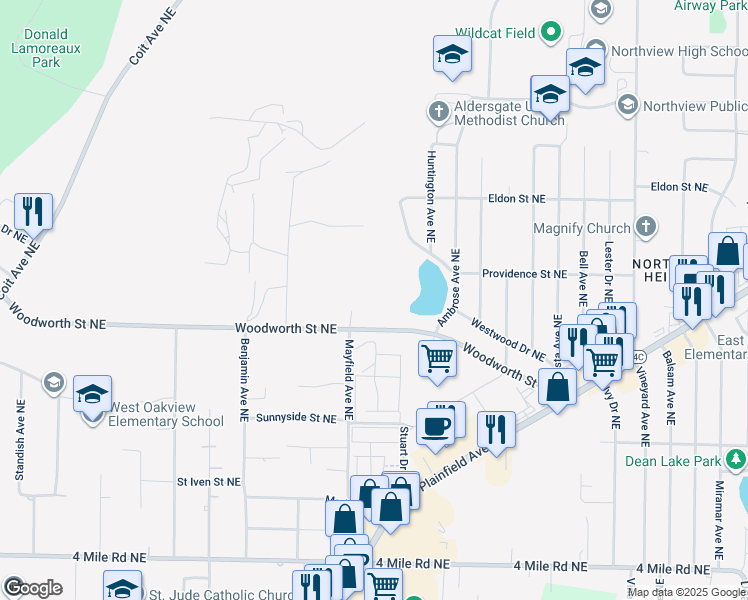 map of restaurants, bars, coffee shops, grocery stores, and more near 1501 Woodworth Street Northeast in Grand Rapids