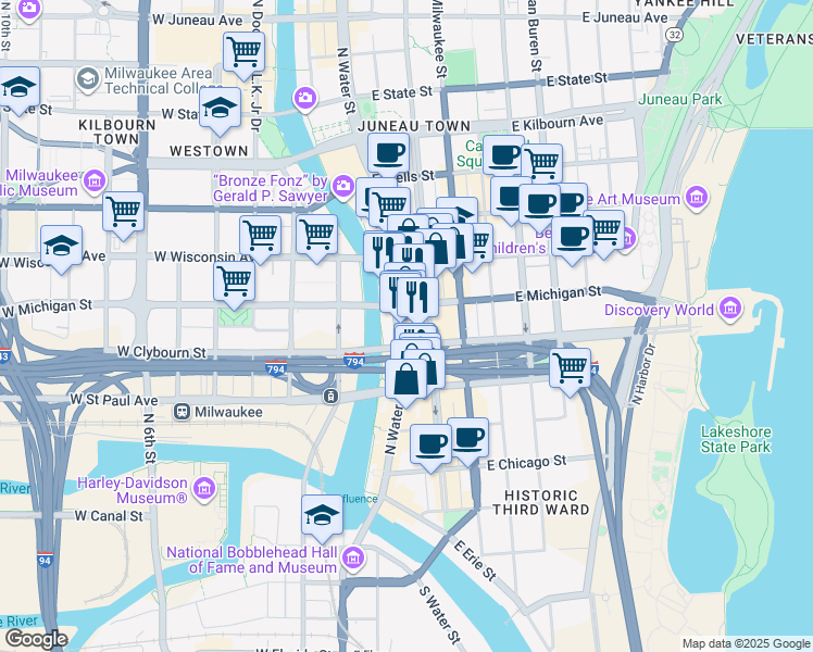 map of restaurants, bars, coffee shops, grocery stores, and more near 514 North Water Street in Milwaukee