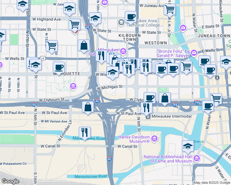 map of restaurants, bars, coffee shops, grocery stores, and more near 521 North 8th Street in Milwaukee