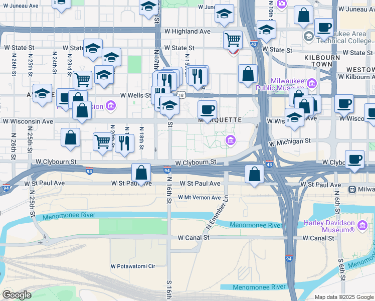 map of restaurants, bars, coffee shops, grocery stores, and more near in Milwaukee