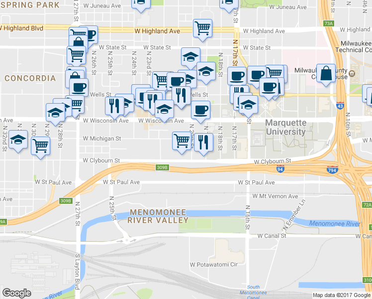 map of restaurants, bars, coffee shops, grocery stores, and more near 2030 West Clybourn Street in Milwaukee