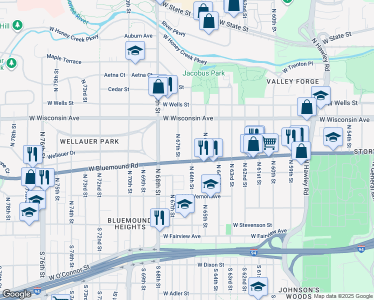map of restaurants, bars, coffee shops, grocery stores, and more near 513 North 66th Street in Wauwatosa