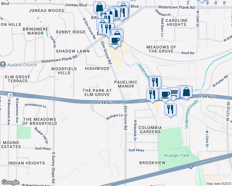 map of restaurants, bars, coffee shops, grocery stores, and more near 13200 West Bluemound Road in Elm Grove