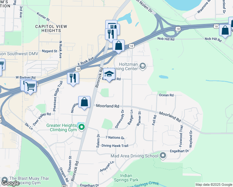 map of restaurants, bars, coffee shops, grocery stores, and more near 2610 Dunwoody Drive in Madison