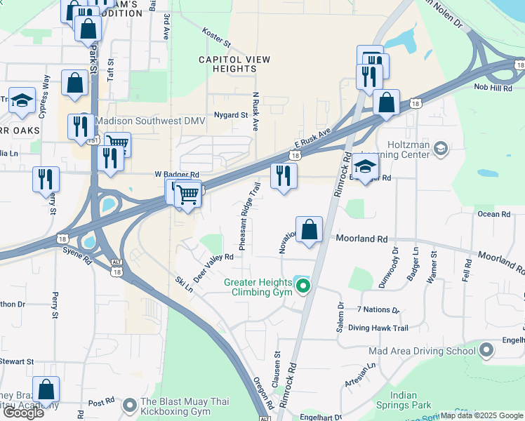 map of restaurants, bars, coffee shops, grocery stores, and more near 2511 Pheasant Ridge Trail in Madison