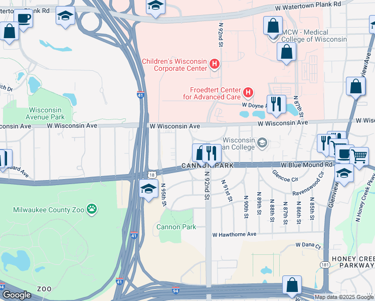 map of restaurants, bars, coffee shops, grocery stores, and more near 543 North 93rd Street in Milwaukee