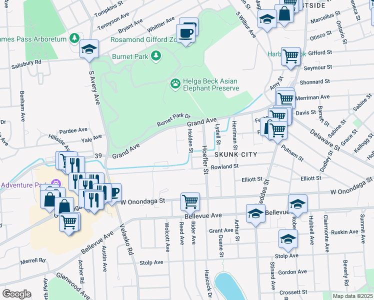 map of restaurants, bars, coffee shops, grocery stores, and more near 161 Depalma Avenue in Syracuse