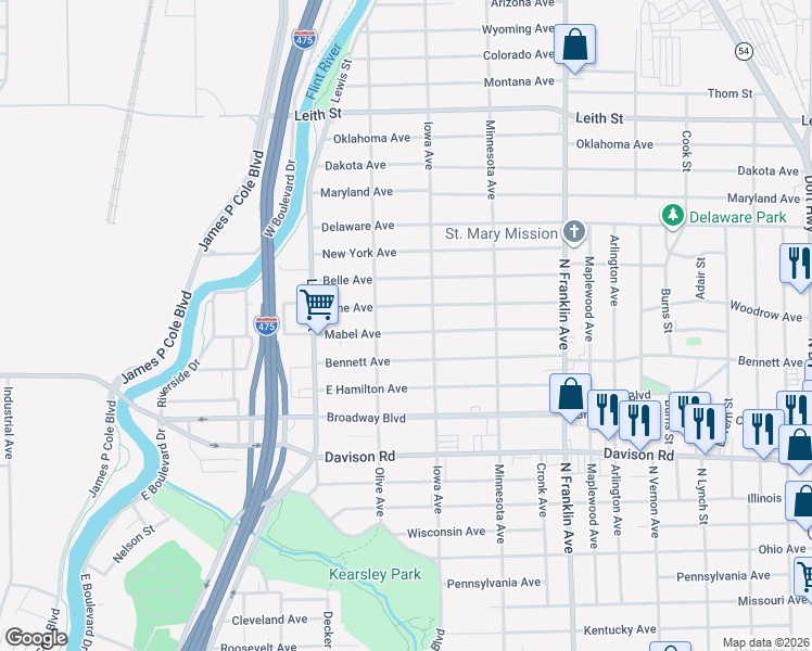 map of restaurants, bars, coffee shops, grocery stores, and more near 1529 Mabel Avenue in Flint