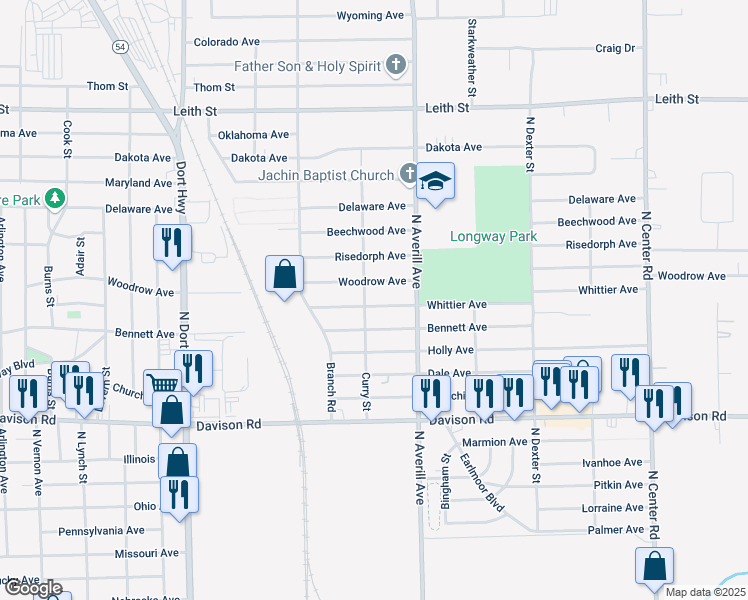 map of restaurants, bars, coffee shops, grocery stores, and more near 3207 Whittier Avenue in Flint