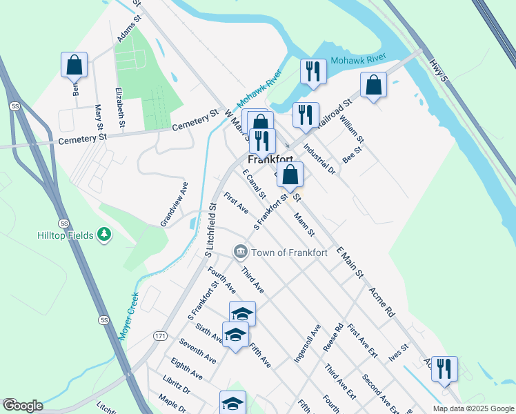 map of restaurants, bars, coffee shops, grocery stores, and more near 128 Pleasant Avenue in Frankfort
