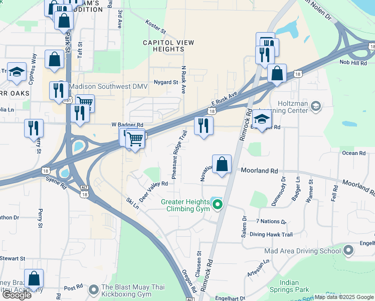 map of restaurants, bars, coffee shops, grocery stores, and more near 2511 Pheasant Ridge Trail in Madison
