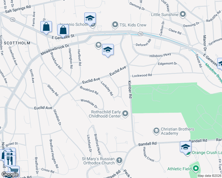 map of restaurants, bars, coffee shops, grocery stores, and more near 216 Locksley Road in Syracuse