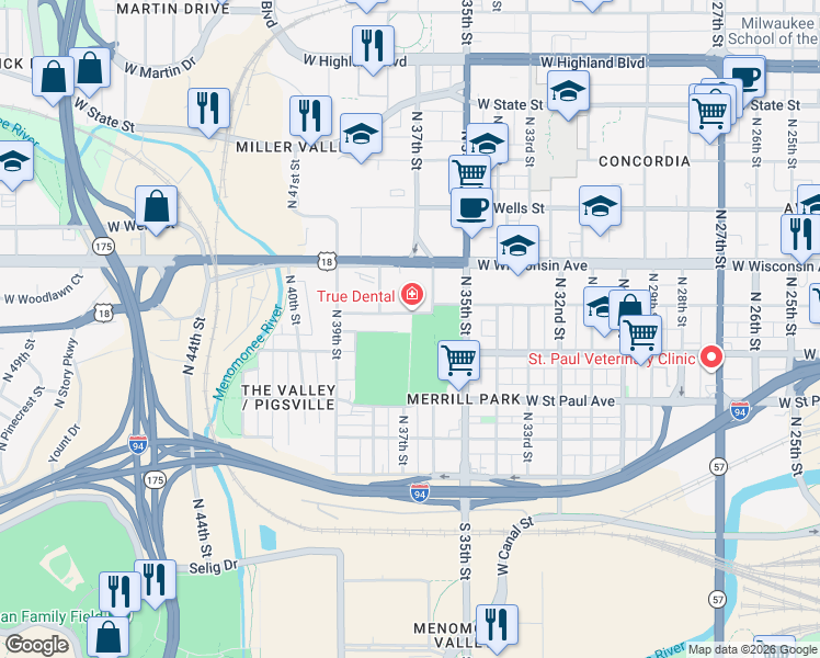 map of restaurants, bars, coffee shops, grocery stores, and more near 3701A West Michigan Street in Milwaukee