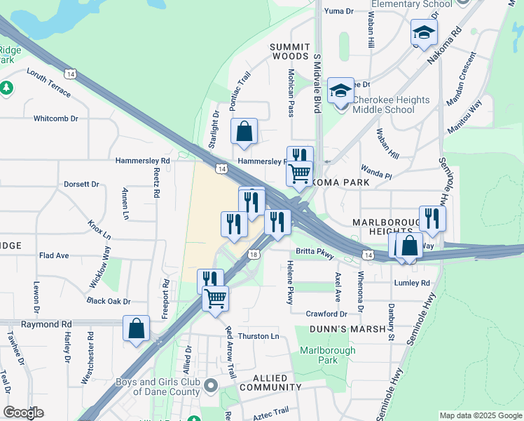 map of restaurants, bars, coffee shops, grocery stores, and more near 4649 Verona Road in Madison