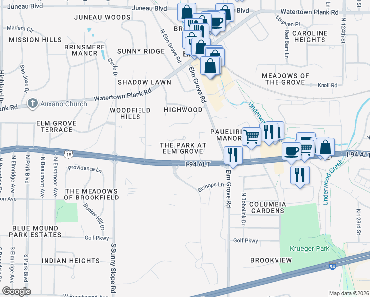 map of restaurants, bars, coffee shops, grocery stores, and more near 540 Park Circle in Elm Grove
